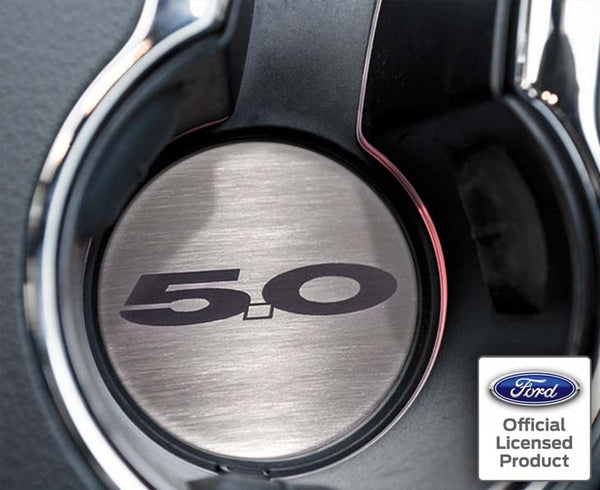 2015-2020 MUSTANG GT - '5.0' CUP HOLDER ACCENT PLATES 2PC | BRUSHED STAINLESS STEEL