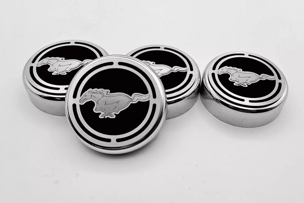 2015-2025 MUSTANG - FLUID CAP COVER AUTOMATIC TRANSMISSIONS ONLY, PONY LOGO 4PC SET | CHOOSE INLAY COLOR