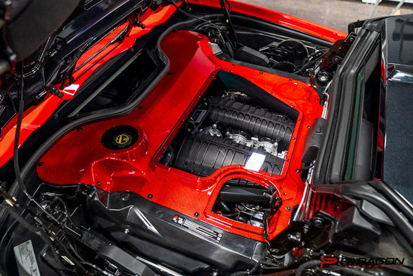Paragon Performance C8 Corvette Red Carbon Fiber Clear Engine Cover - Convertible