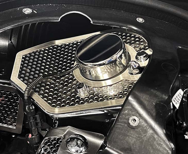 HTC C8 Corvette Shock Tower Covers With Brushed Trim | Perforated Stainless Steel