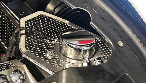 HTC C8 Corvette Shock Tower Covers With Brushed Trim | Perforated Stainless Steel