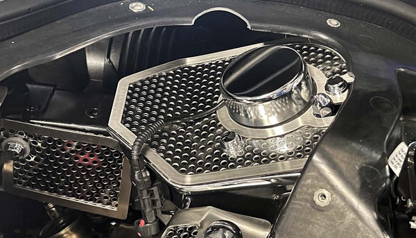 HTC C8 Corvette Shock Tower Covers With Brushed Trim | Perforated Stainless Steel