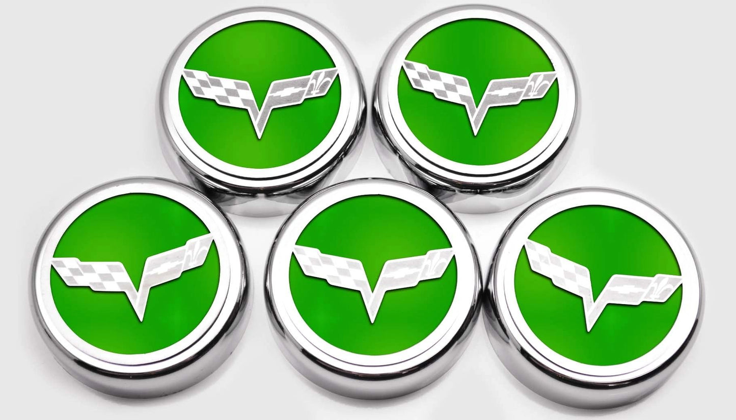 2005-2013 C6 Corvette - Crossed Flags Logo Fluid Cap Covers 5Pc Auto Transmission | Choose Color