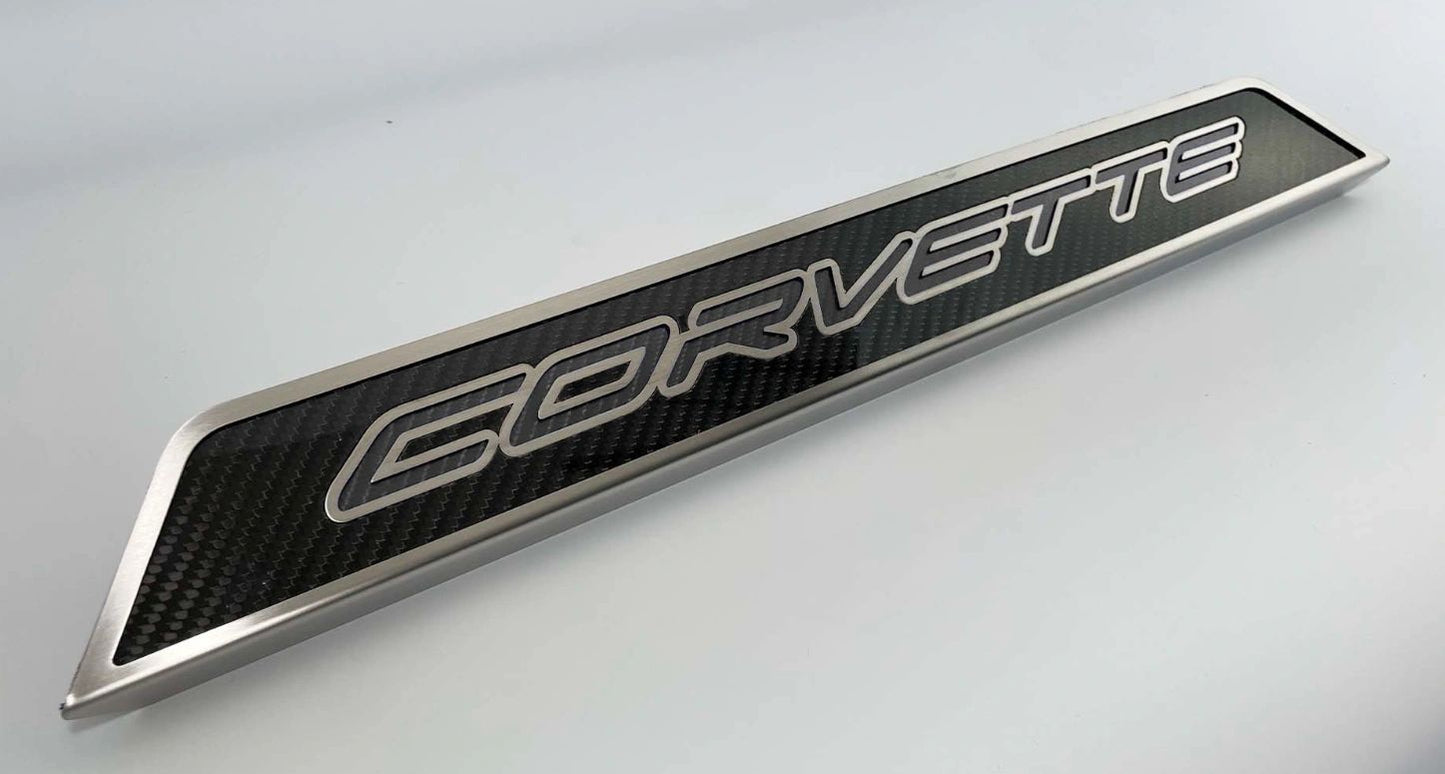 2020-2022 C8 Corvette Replacement Doorsills Carbon Fiber w/Brushed Stainless Steel 'Corvette' Style Insert.