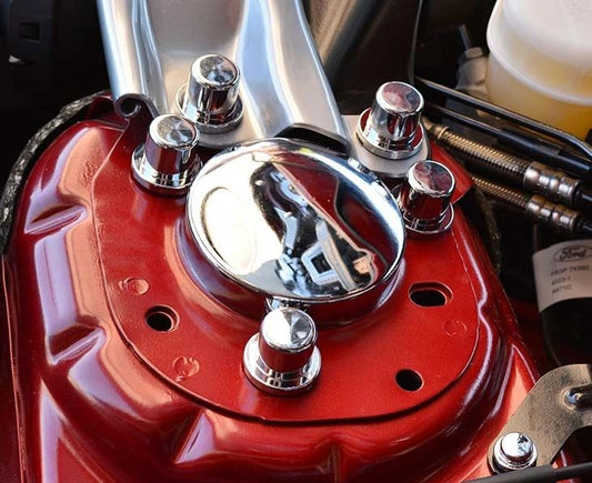 2015-2020 Mustang - Shock Tower Dome Covers | Polished Stainless Steel & Chrome Bolt Covers