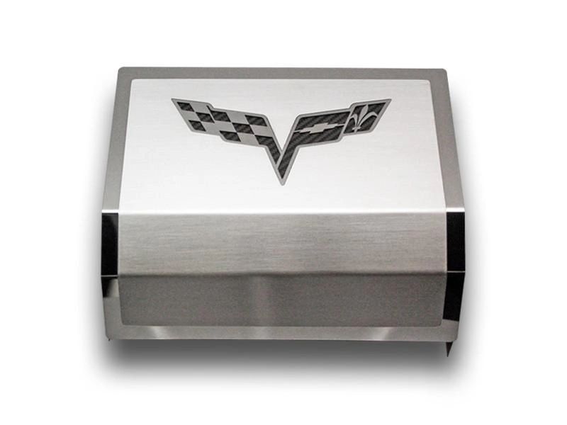 2005-2013 C6 Corvette - Deluxe Fuse Box Cover w/Crossed Flags Emblem | Stainless Steel, Choose Color