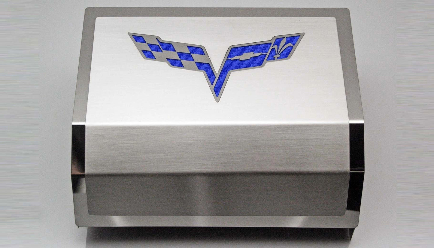 2005-2013 C6 Corvette - Deluxe Fuse Box Cover w/Crossed Flags Emblem | Stainless Steel, Choose Color