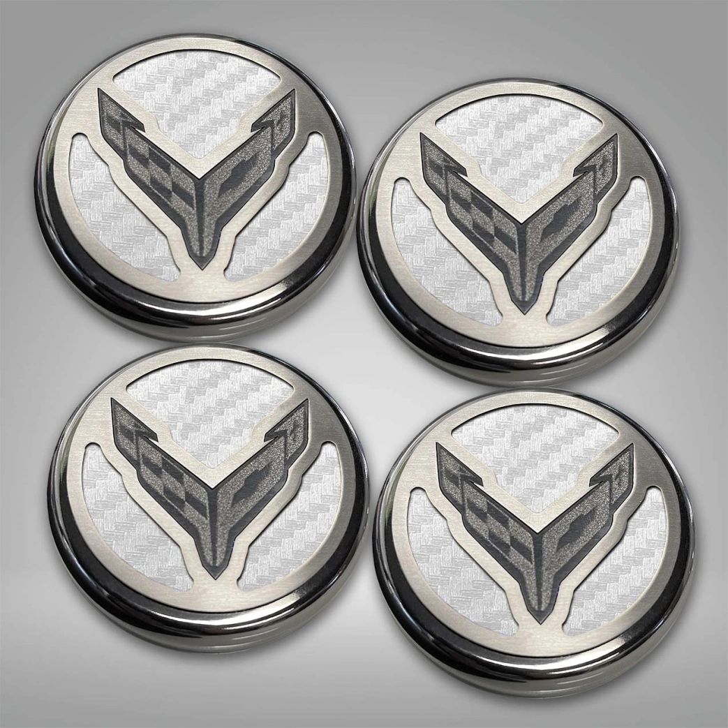 2020-2022 C8 Corvette Coupe - Cap Cover Set 4pc Carbon Fiber Inserts with Stainless Crossed Flags Logo | Polished/Brushed Finish