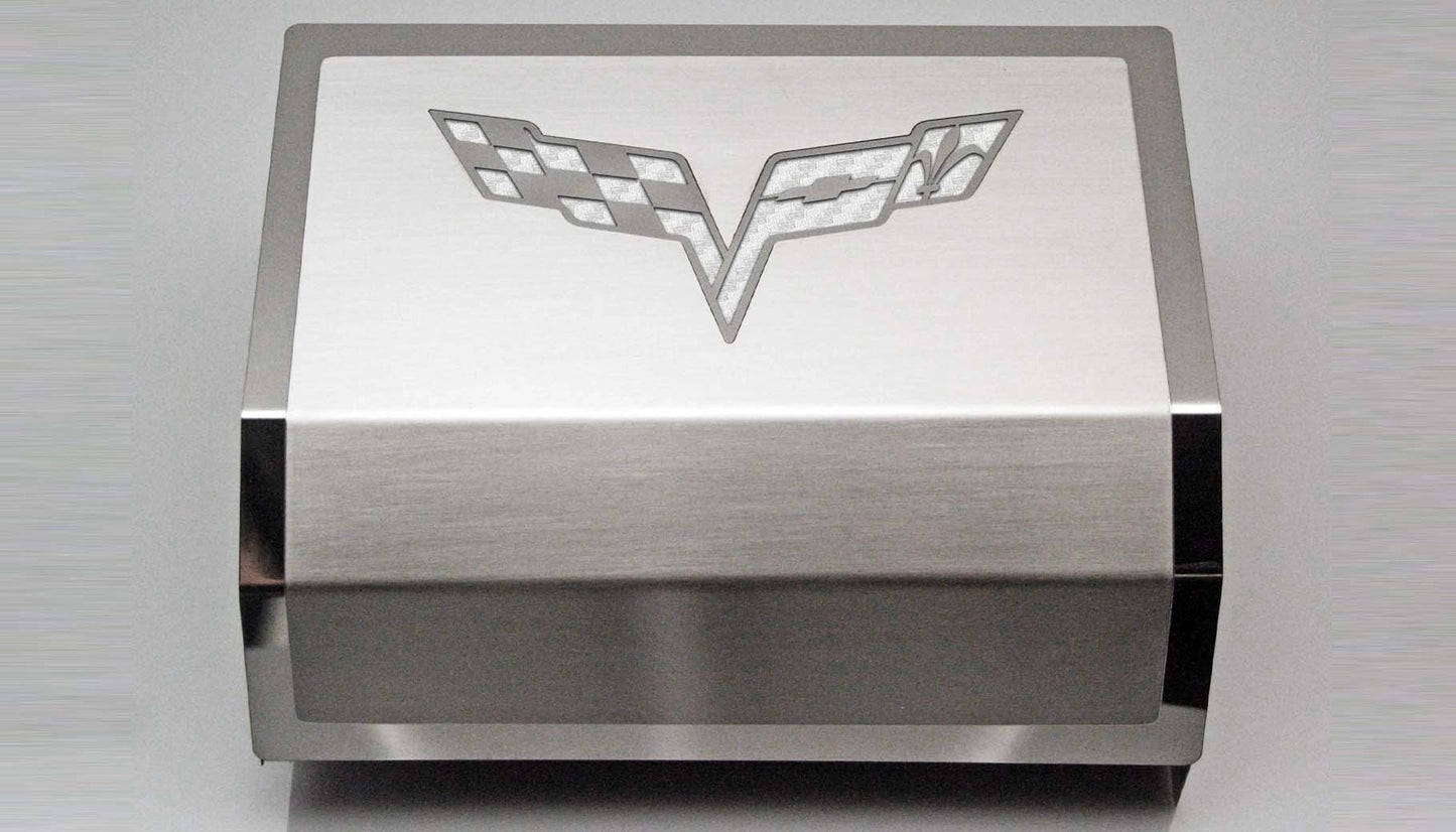 2005-2013 C6 Corvette - Deluxe Fuse Box Cover w/Crossed Flags Emblem | Stainless Steel, Choose Color