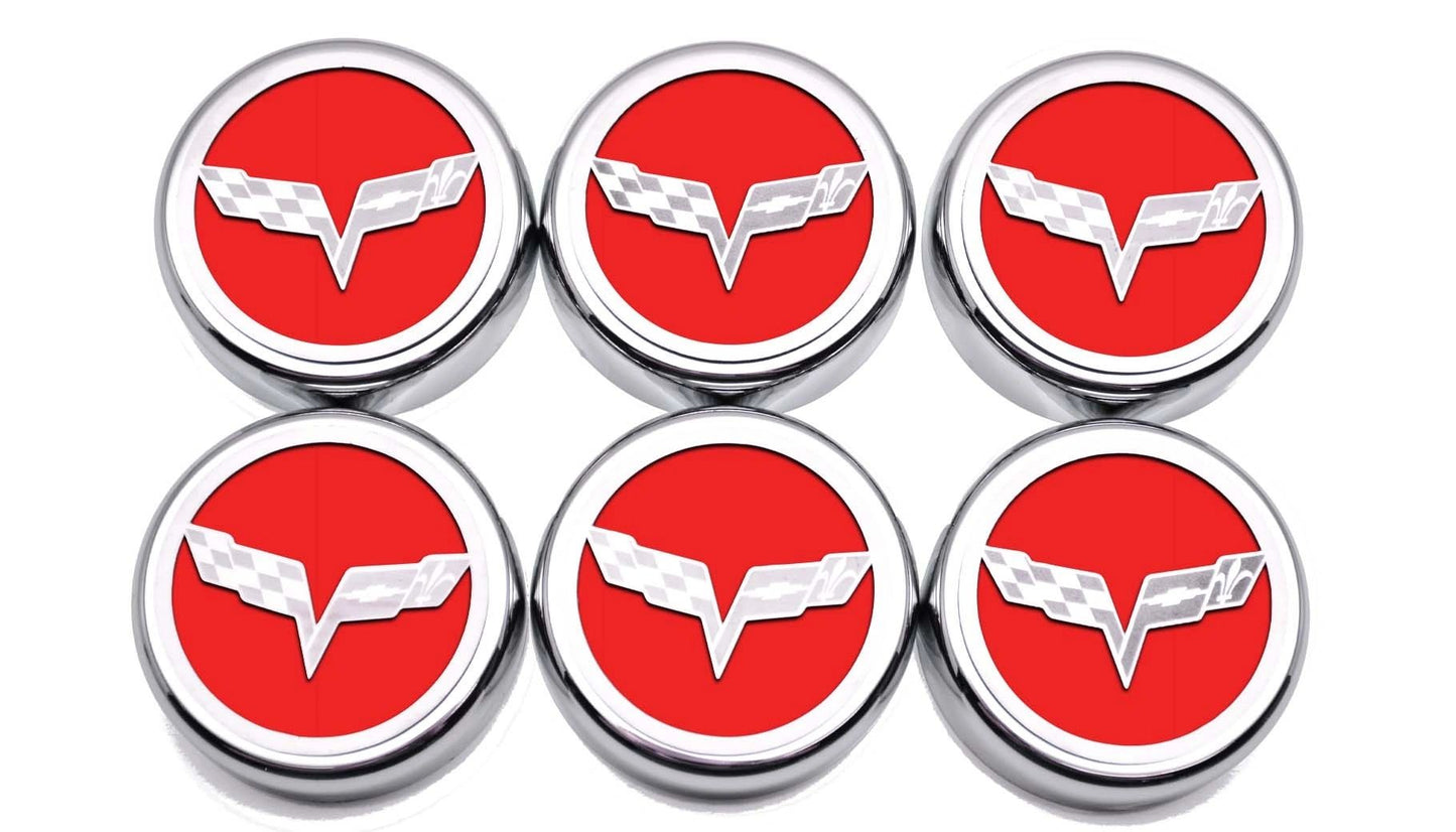 2005-2013 C6 Corvette - Crossed Flag Fluid Cap Covers 6Pc Manual Transmission | Choose Color