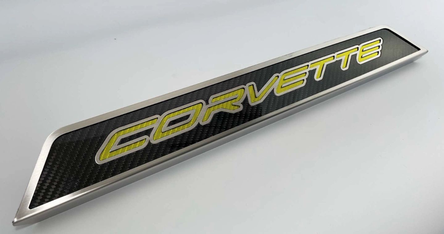 2020-2022 C8 Corvette Replacement Doorsills Carbon Fiber w/Brushed Stainless Steel 'Corvette' Style Insert.