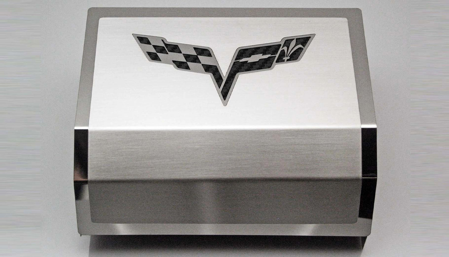 2005-2013 C6 Corvette - Deluxe Fuse Box Cover w/Crossed Flags Emblem | Stainless Steel, Choose Color