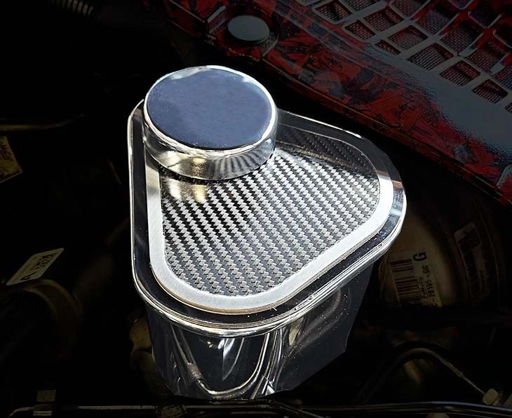 2015-2023 Mustang Master Cylinder Cover Polished W/Carbon Fiber Top Plate W/Brushed Trim