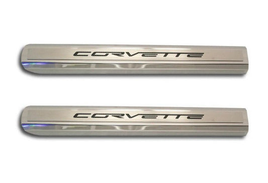 2005-2013 C6 Corvette - Inner Door Sills CORVETTE Lettering | Stainless Steel, Choose Inlay Color