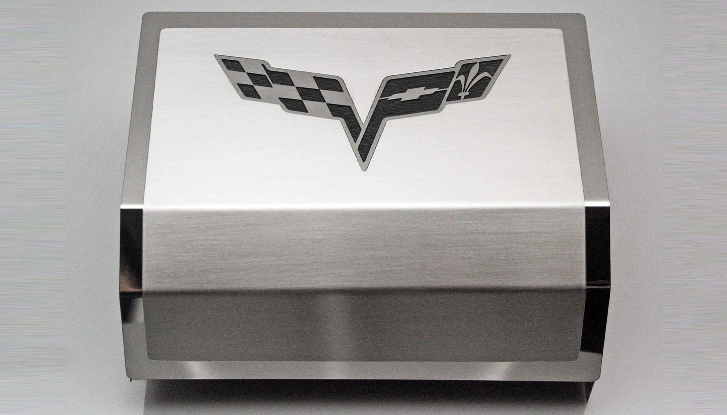 2005-2013 C6 Corvette - Deluxe Fuse Box Cover w/Crossed Flags Emblem | Stainless Steel, Choose Color