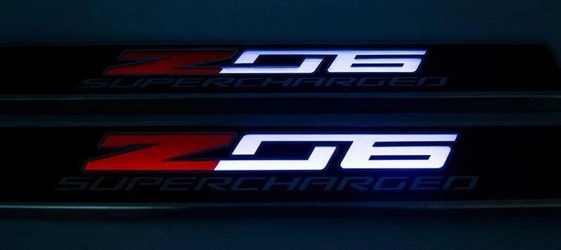 2014-2019 C7 Corvette - Light Up Z06 SUPERCHARGED Replacement Door Sills 2Pc| Carbon Fiber w/Stainless Trim